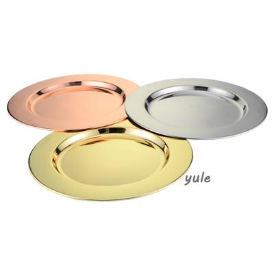 China Modern Wholesale Luxury Gold Dishes Stainless Steel Charger Dish 30cm / 33cm For Wedding Party for sale