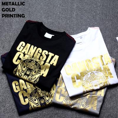 China Wholesale Custom Anti Shrink Plain Crew Neck Polyester Cotton Polyester Cotton Metallic Gold Printing Logo Graphic Gilding Plus Size T Shirts For Men for sale