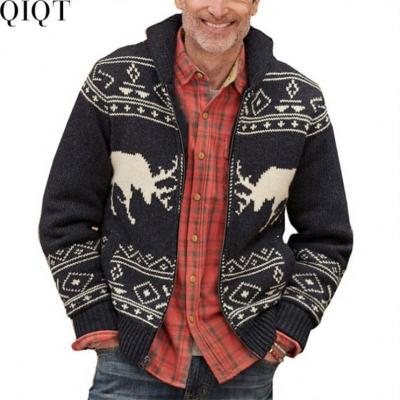 China Lowest Price Anti-wrinkle Fawn Jacquard Zipper Long Sleeves Men's Cardigan Sweater Knitted Sweater For Men's Sweater 2021 for sale