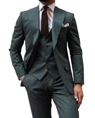 China Breathable Classic Brand Mens Dark Green Suits Stripe Male Groom Tuxedos Prom Jacket+Pants+Vest Wedding Slim Fit Blazer Mens 3 Piece Suits for sale