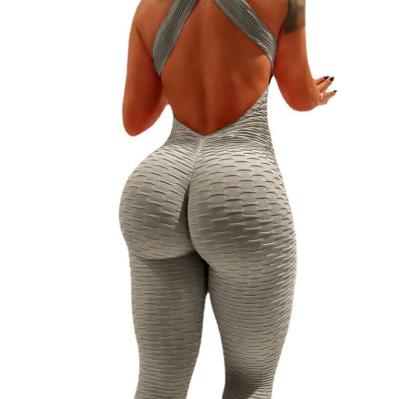 China Comfortable Women's Backless Leggings Sports Bandage Overalls Breathable Women Fitness Bodycon Overalls V Neck Sexy Solid Design Women for sale