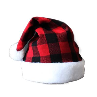 China New Fabric Christmas Border Supplies Decoration Props Holiday Dress Up Hat Checked Fabric Christmas Hat for sale