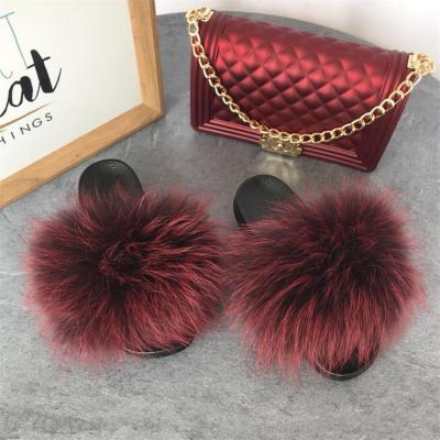 China New Fashion Trend Stylish Series Fur Slippers Popular Custom Fur Slides And Matching Purse Fur Slides With Purse Set for sale