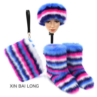 China Fashion Trend Women's Winter Colorful Faux Fluffy Fur Oversized Headband And Wrap Set Boots for sale