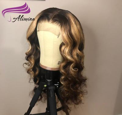 China Full End Alimina Cheap Plucked Straight Brown And Blonde Hd Lace Front Brazilian Human Hair Highlight Wigs for sale