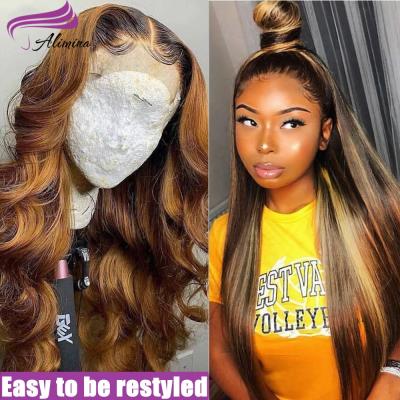 China Free Sample Alimina Full Highlight Honey Brown Color Straight Lace Front Wigs Brazilian Hair Hd End Lace Front Wig Human Hair Wigs for sale