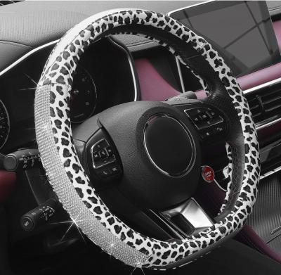 China Perfectly Fit D Shape Diamond Steering Wheel Cover With Bling Rhinestones Leopard Pattern Leather Universal Fit 15 Inch Car Wheel for sale