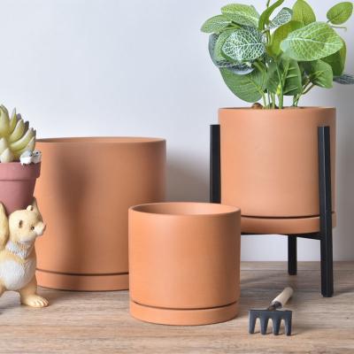 China New Custom Wholesale Outdoor Country Garden Round Cylinder Terracotta Planter Plant Ceramic Succulent Flower Pots With Tray Saucer for sale