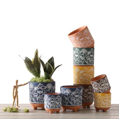 China Wholesale Cartoon Plant Pot 3.5/4/5.5 inch Mushroom Pattern Garden Planters Para Bonsai Terracota Hide Pots Ceramic Small Pots for sale