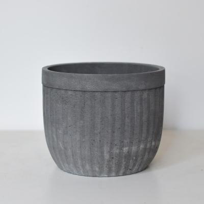 China Country Style Gray Round Concrete Barrel Ridged Indoor Planter Bowl Table Decor Industrial Dark Cement Flower Pot for sale