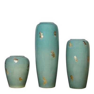 China Nordic Teal Glazing With Gold Foil Art Deco Home Decoration And Large Garden Earth Pottery Vase Pedestal Vase for sale