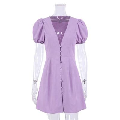 China 2021 New Fashion Femme Clothing Sexy Purple V-Neck Vestidos Cotton Canvas New Fashion Viable Casual Short Puff Sleeve Dress Women for sale