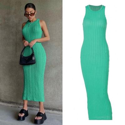 China Hot Popular Viable 2021 Fashionable Women's Clothing Knit Basic Green Vestidos Long Maxi Dresses Women Casual Sleeveless for sale