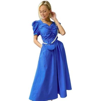 China 2021 New Arrivals Viable Vintage V-Neckline Ruched Pocket Vestidos Breath Sleeve Blue Casual Cotton Maxi Dresses Women Along for sale