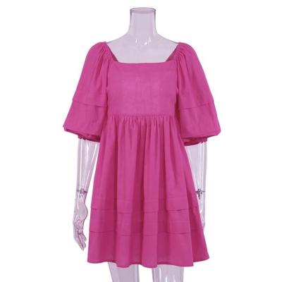 China Good Quality 2021 Summer Viable Women's Pink Bandage Ruched Mini Dress Cotton Linen Backless Short Puff Sleeve Women's Dresses for sale