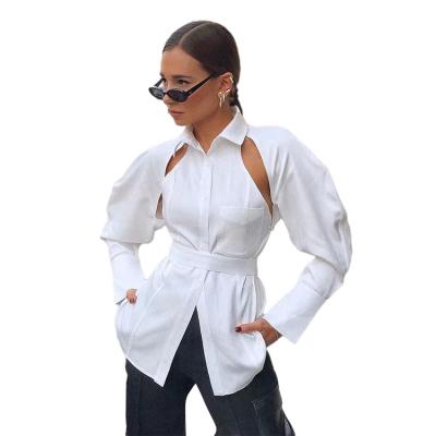 China 2021 Best Selling Breathable Monsoon Woman Blouses And Strappy White Tops Waist Shirt And Back Cutout Breathable Tops for sale