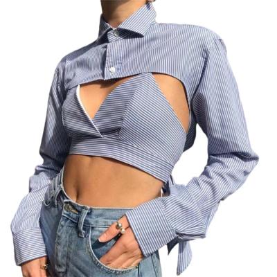 China Anti-pilling European and American style striped suit collar two buttons long sleeve shirt blouse women for sale