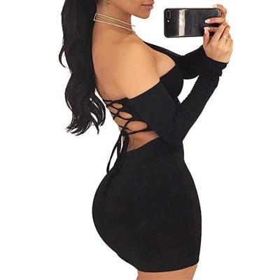 China Chinese Manufacturer Women's Long Sleeve Halter Dress Off The Shoulder Lace Bodycon Ladies Breathable Sexy Backless Mini Dress for sale