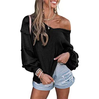 China Supplier wholesale china casual women anti-pilling blouses fashionable v neckline ruffled lantern sleeve top for sale