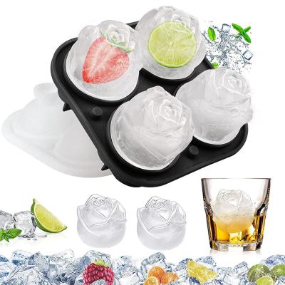 China Viable 3D Rose Silicone 4-Ice Cube Trays Cube Trays with Reusable Removable Funnel Lid and BPA Free Ice Cube Mold for sale