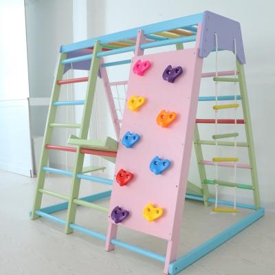 China Eco-Freindly Montessori Toddler Climb Frame Indoor Rainbow Wooden Kids Climb Frame With Slide Swing for sale