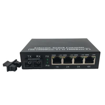 China FTTH FTTxFTTB Network Fiber Optic Media Converter 10/100/1000M Gigabit Ethernet  20KM 4-port RJ45 to Single Mode Dual-SC Fiber Optical transceiver for sale