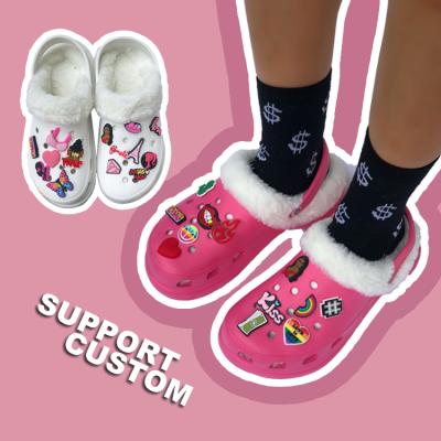 China Custom Waterproof PVC Rubber Shoes Charms Wholesale Winter Platform Warm Eva Women Hairy Fox Clogs And Mules Sandals Slippers Garden Shoes for sale