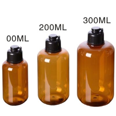 China Skim/food/suger.etc. Empty Travel 100ml Amber Makeup Plastic Bottles Flip Cap For Liquid Lotion Cream for sale