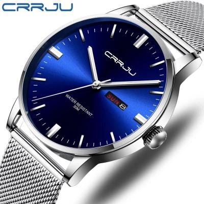 China Automatic Simple Date Men's Quartz Watches Crrju 2168 Class Luminous Luxury Steel Mesh Crrju Watch Men for sale