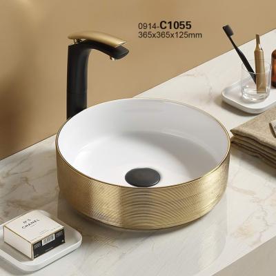 China High Tempreture 1st Glaze Firing Times C1055 Ceramic Basin Gold Manufacturer Round Art Basin Above Counter Basin Gold Bathroom Sink for sale