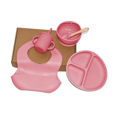 China Legenday 5Pcs BPA Free Baby Cup Spoon Bibs Roll Baby Dish Set Silicone Baby Food Feeding Dish for sale