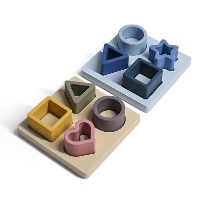 China 100% New Eco-friendly Motessori Stacking Silicone Cognitive Wooden Shape Board Geometric Hand Puzzles For Kids for sale