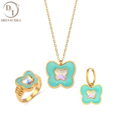 China Vintage 316L Stainless Steel Tarnish Free Gold Plated 18K Butterfly&Flower Necklace Enamel Pendant Necklace Jewelry Set for sale