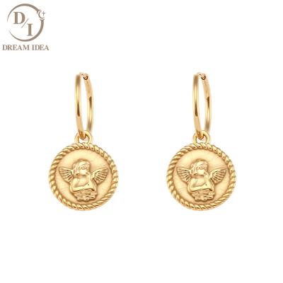 China 2021 New Vintage Vintage Fashion Jewelry Dangle 18K Gold Plated Angel Coin Layering Pendants Earring for sale