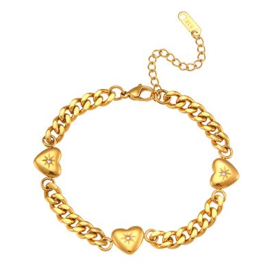 China Minimalist Luxury 2021 18K Gold Plated Stainless Steel Heart Zircon Bracelet Diamond Chunky Cuabn Chain Bracelet for sale