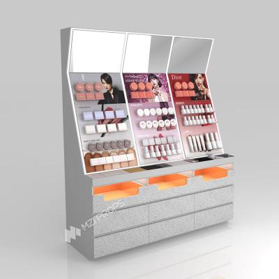 China GDR04-CZ-B02 Make-up Display Rack met grijs melamienbord en LED-strooklichten voor cosmetische winkels Te koop