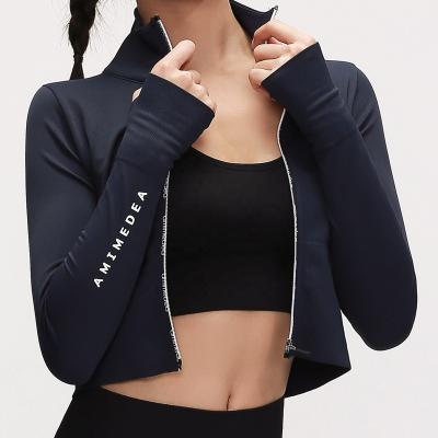 China Breathable Seamless Fabric Funnel Neck Crop Jackets Women Sports Designer Sports Running Jacket Yoga Wear Zipper for sale