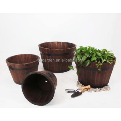 China Custom Eco-Freindly Garden Flower Pot Wooden Planter Around Whiskey Barrel Decor Plant Container Wooden Box for sale