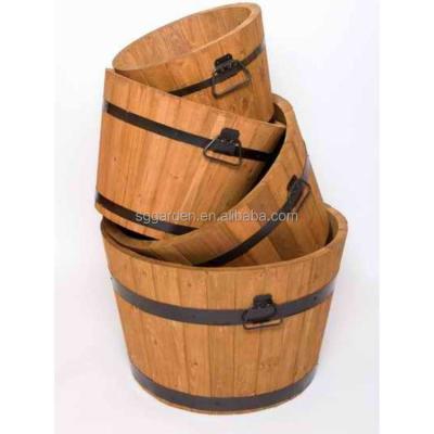 China Custom Eco-Freindly Garden Flower Pot Wooden Planter Around Whiskey Barrel Decor Plant Container Wooden Box for sale