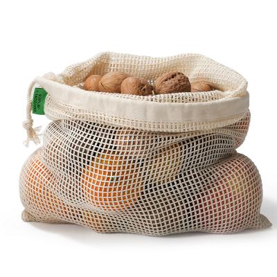 China Recyclable Portable Washable Net String Drawstring Cotton Mesh Bag Eco-freindly Handled Vegetable Bag For Fruit for sale