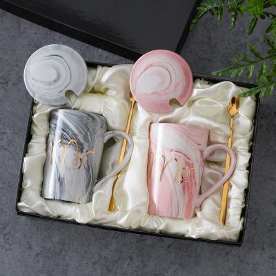 China Viable European Style Marble Ceramic Mug With Lid Cup Custom Gift Spoon Gift Box Coffee Mug Wholesale Gift for sale