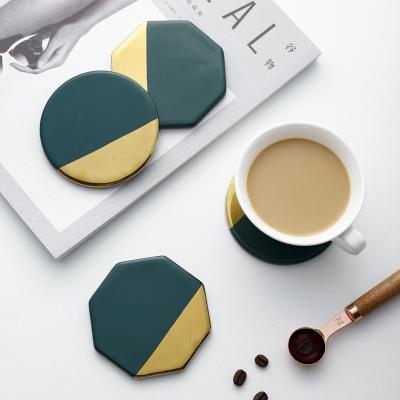 China Sustainable Home Decoration Dark Green With Gold Ceramic Coaster Best Gift For Wedding for sale