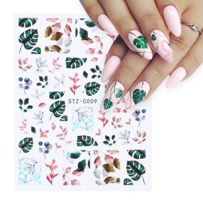 China Garden Flower Leaves 2021 Flower Nail Stickers Decals Watercolor Green Leaves Dry Fake Nail Art Sticker Press On Nails Rose 3D Flower Maple Leaf for sale