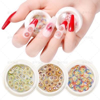 China Eco-friendly Colorful Daisy Flower 3D Manicure Nail Decals Nail Accessories With Diamonds Wood Paste Handmade Nail Flower Stickers for sale