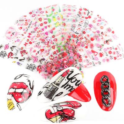 China Butterfly Heart Love Rose Flower Letter Lips Valentine Nail Stickers 20*4cm 10 Mixed Designs Printing Flower Lover Series Transfer Sticker Gel Pink Heart Shaped Nail Foil lip for sale