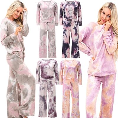 China Amazon Sales Women's Hot QUICK DRY Tie Dye Two Piece Pajamas Set Long Sleeve Sweatshirt With Long Pants Sleepwear for sale