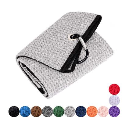 China Cotton Logo Custom Golf Towels Magnetic Triple Waffle Microfiber Solvent Sublimated Fashionable Grommet Ball Hook Factory for sale