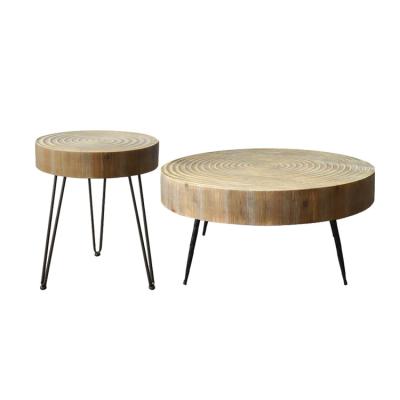 China Modern Design Living Room Solid Wood Round Vintage Metal Center Table Extendable Hot Selling Iron Leg Wooden Circle Coffee Table for sale