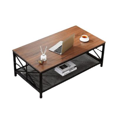 China Wholesale Extendable Industrial Style Living Room Storage Metal Wire Mesh Shelf Rustic Brown Home MDF Coffee Table Wooden Top Rectangle for sale