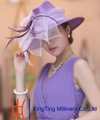 China elegant Purple Handmade Womens Straw Hat with Organza Feather Fascinators for sale